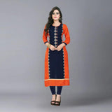 Buys Women's Orange, Blue Color Rayon Straight Kurta